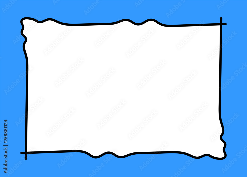 Hand-drawn doodle scalloped frame. Blue vector text box isolated on a transparent background—doodle design element for web or social media. Pop vintage groovy rectangle frame.