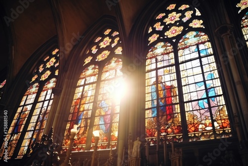 Sunlight shining through colorful stained glass window  perfect for religious or spiritual themes