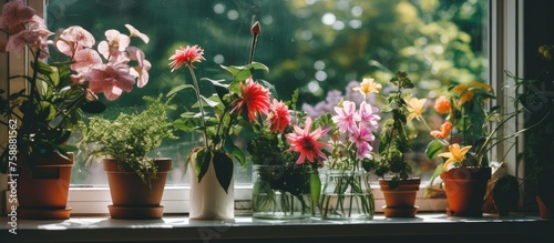 Flowers and indoor plants on windowsill.