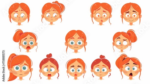 Child emotions set. Set of child faces in different emotions. Various happy, upset, sad, surprised, joyful, bored, angry and joyful girl characters. Isolated on white background.