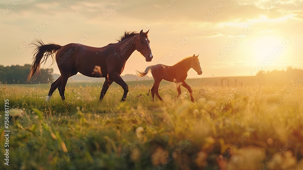 Mare run with colt in beautiful field at sunrise - obrazy, fototapety, plakaty 