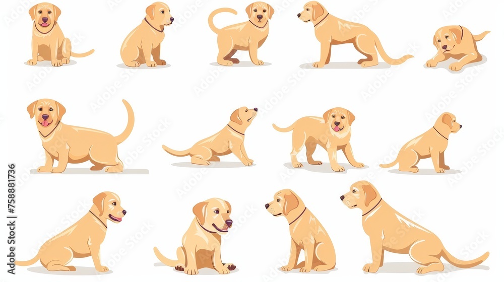 Labrador retriever pup in sitting, lying, standing, running positions ...