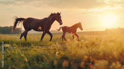 Mare run with colt in beautiful field at sunrise © Robert