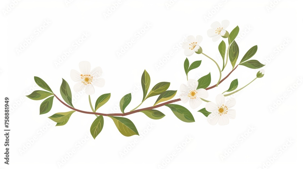 Wildflower sprig, spring flower stem, fragile bloom in a field. Delicate summer herb plant with blossom. Flat modern illustration isolated on white.