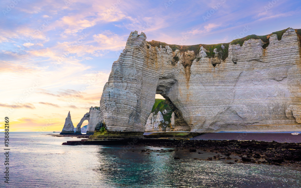 Aerial view of the beautiful cliffs of Etretat. Normandy, France, La Manche or English Channel