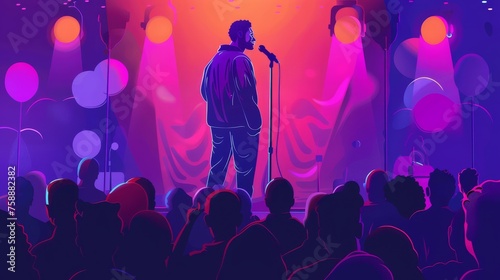 A comic individual performing a monologue at a comedy show, stand-up club. An open mic performance at a stand-up concert, a stand-up concert. A black individual performing in front of an audience and photo