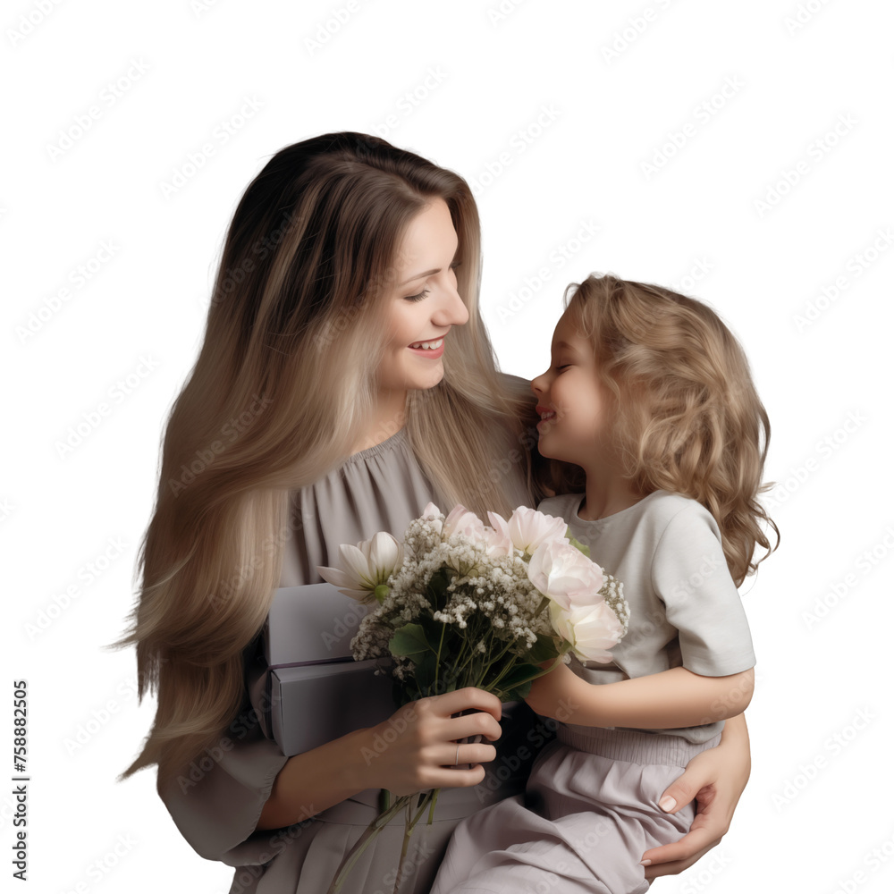 Daughter gives flowers to mother on Mother's Day. Transparent background Daughter gives flowers to mother on Mother's Day. Transparent background