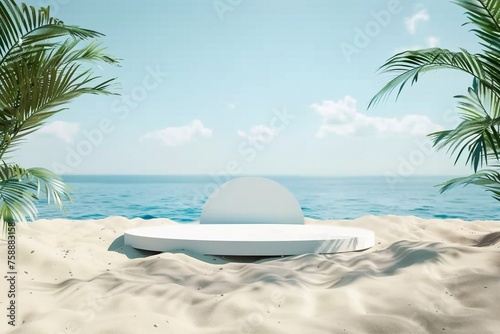 Product display stand and tropical palm leaves with sea background. 3D rendering. generative ai.