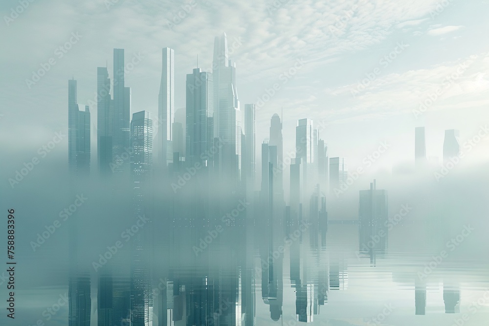 A serene landscape featuring pristine skyscrapers blending into the tranquil atmosphere, graphic design