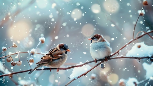 small birds sit on a branch in the winter garden under the falling snow