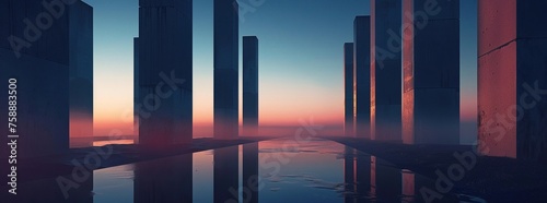 A series of monolithic pillars rising up from a reflective surface, high resolution DSLR