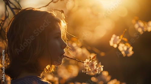 Dziewczynka na tle gałęzi kwitnącego drzewa wiosną. Scena zachwycającego ciepłego promieni słońca. photo