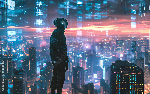 Unrecognizable peson in a augmented or virtual reality helmet stands on the roof with a panoramic view of a futuristic city in neon light. Integration of virtual reality into everyday life concept