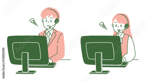 ヘッドセットを装着してパソコンに向かう男女