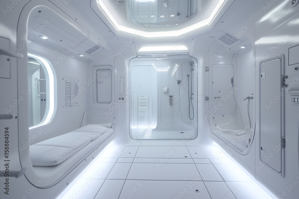 Obraz premium futuristic clean white space station style interior of bedroom. Neural network generated image. Not based on any actual scene or pattern.