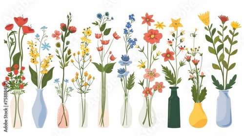 Beautiful spring flowers in vases. Summer bouquets, delicate gifts composition. Fleurs in bloom, botanical natural decorations. Isolated on white. Flat modern illustration.