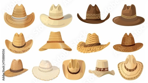 Set of straw hats with brims. Country, farm, beach, cowboy, Mexican, Asian styles. Sun panama, sombrero. Modern illustration isolated on white.