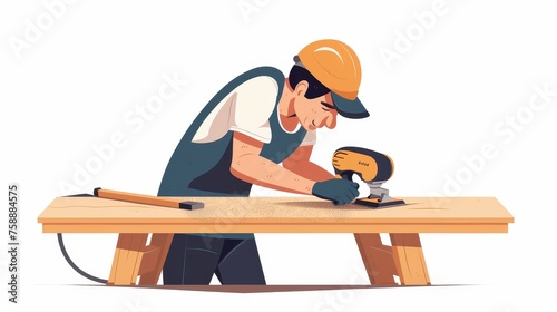 Wood furniture is sanded with a wooden tool, woodworking machine, and orbital sander. The wooden table is refinished, polished, and buff. White background with flat modern illustration. photo