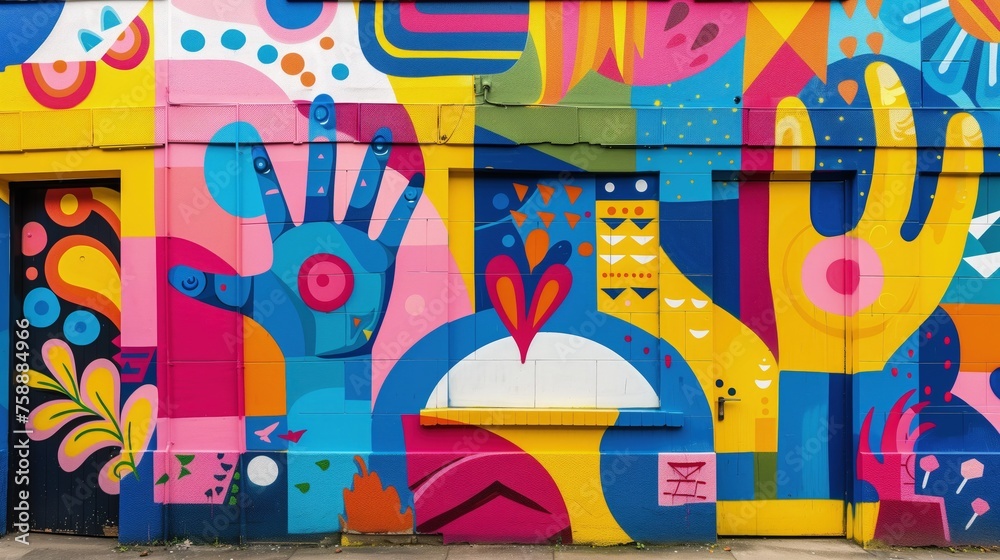Na obrazie widać kolorowy budynek, na którego boku namalowana jest duża ręka, która przyciąga spojrzenia. Mural jest wyrazem ulicznej miłości do sztuki i kreatywności. - obrazy, fototapety, plakaty 