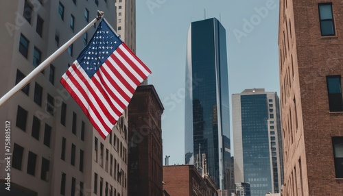 American flag in cityscape