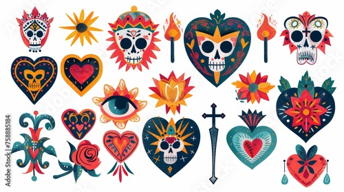 Modern illustrations of sacred Mexican hearts. Flame, flowers, crown, eye, dagger, eye, fire and flame symbols. Valentine decorations. Flat modern illustrations on a white background. photo