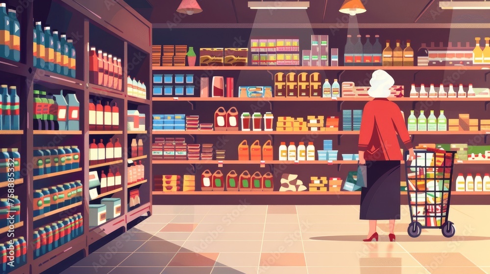 An old woman choosing products in a supermarket. Senior elderly woman shopping in a hypermarket. Woman shopper with trolley at shelf, making a choice. Flat modern illustration.