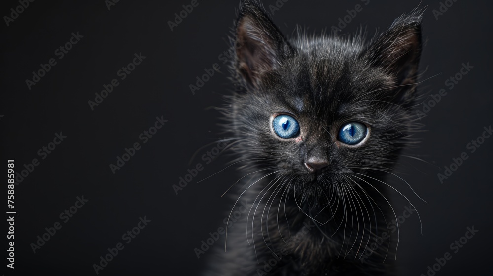 In the corner of the room was a lone black cat. It looks lively against a modern and minimalist black background. This composition leaves enough room for your message to stand out