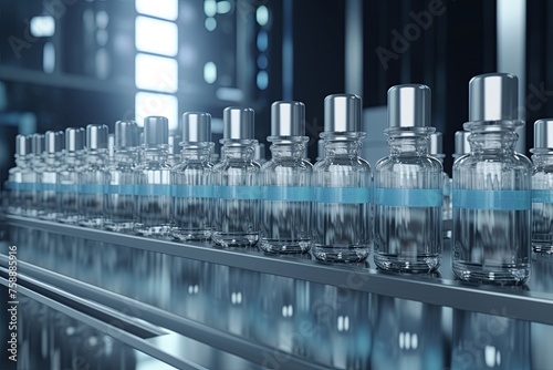 Medical vials on production line at pharmaceutical factory. Ai Generative photo