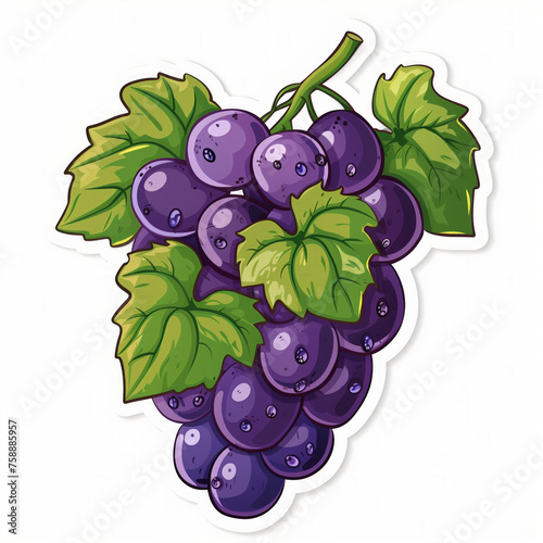 Illustration of a vibrant cluster of purple grapes with lush green leaves, ideal for culinary themes or as a fresh produce background with space for text