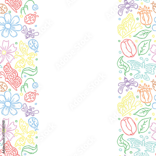 Spring floral frame with butterflies, bees and ladybugs. Seamless flowers background