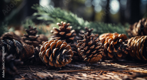 a group of pine cones sitting on top of a forest floor covered in pine needles and needles, with pine needles on the ground