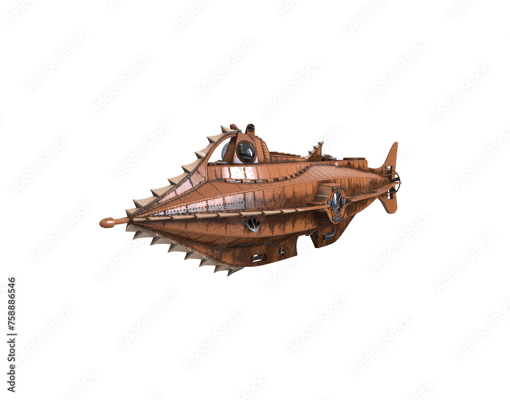 Fantasy Submarine. 3D illustration. Nautilus submarine detailed.  - obrazy, fototapety, plakaty 
