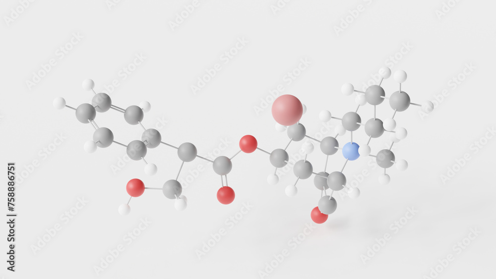 hyoscine butylbromide molecule 3d, molecular structure, ball and stick model, structural chemical formula anticholinergic medication hyoscine butylbromide molecule 3d, molecular structure, ball and stick model, structural chemical formula anticholinergic medication