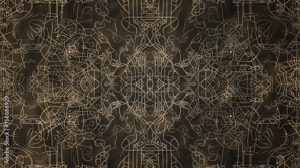 This intricate design showcases enigmatic glyphs brightly drawn on a ...