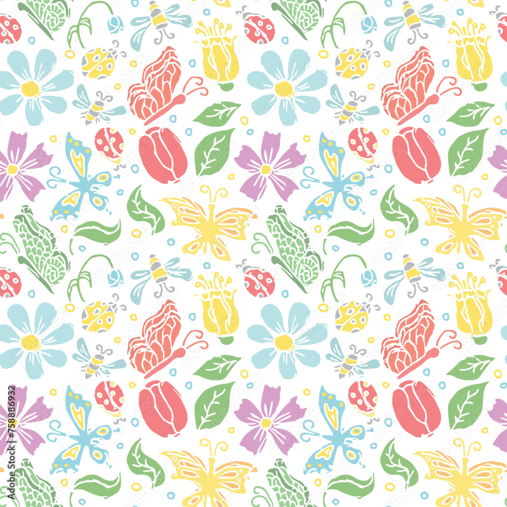 Spring floral pattern with butterflies, bees and ladybugs. Seamless flowers background