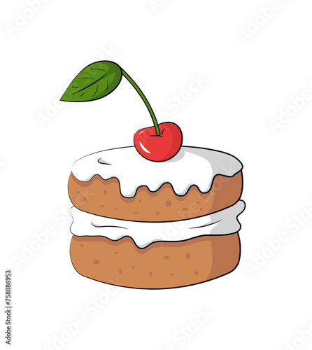 Cartoon sweet cake with a cherry on top. Hand drawn dessert isolated on white. 