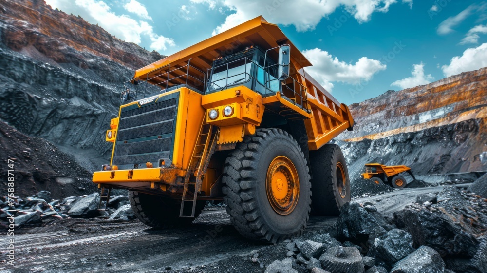 Large quarry dump truck. Big yellow mining truck at work site. Loading coal into body truck. Production useful minerals. Mining truck mining machinery to transport coal from open-pit production Large quarry dump truck. Big yellow mining truck at work site. Loading coal into body truck. Production useful minerals. Mining truck mining machinery to transport coal from open-pit production