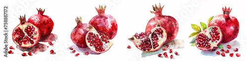 Collection of vibrant watercolor illustration of fresh, ripe pomegranate with one sliced piece, suitable for culinary themes, recipe backgrounds, or healthy eating concepts