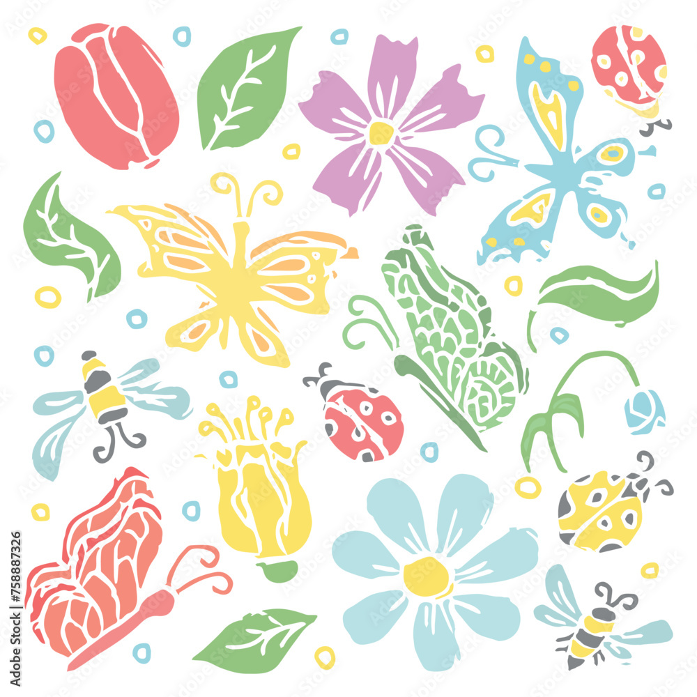 Spring floral illustration with flowers, butterflies, bees and ladybugs. Doodle flowers background