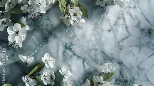 Na marmurowej powierzchni wiosną znajduje się biały kwiat. Kwiaty są delikatne i kontrastują z połyskującym marmurem, tworząc elegancki obraz. photo