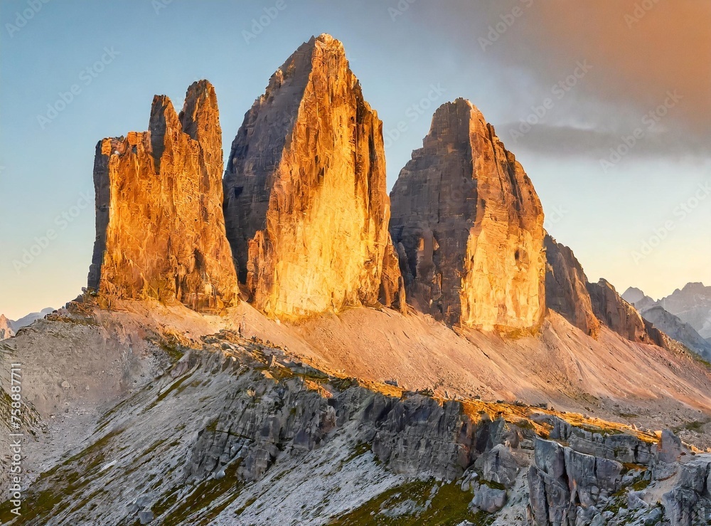 The early morning sun casts a warm, golden glow over the rugged peaks of Tre Cime di Lavared - obrazy, fototapety, plakaty 
