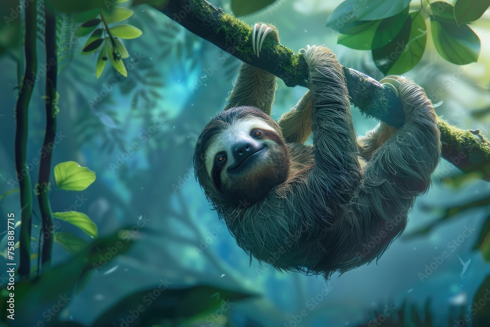 Sloth hanging from a tree in a natural habitat Sloth hanging from a tree in a natural habitat