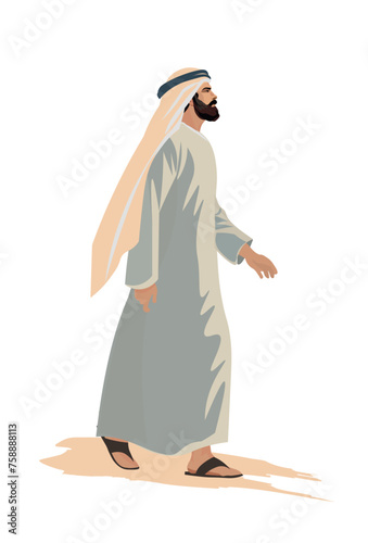 Arabic man walking. Vector art people. Flat design. Realistic. Side view. 