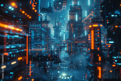 3d render of Cyber punk night city landscape concept. Light glowing on dark scene. 