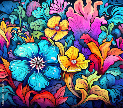 3D Neon Rainbow Flowers Pattern Background for Home Decor