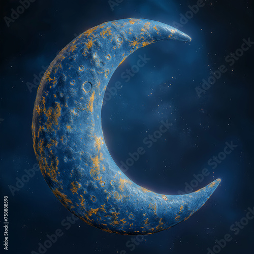 Shiny blue and golden crescent moon on blue background for the occasion of Muslim community festival Eid-Al-Fitr, ai technology