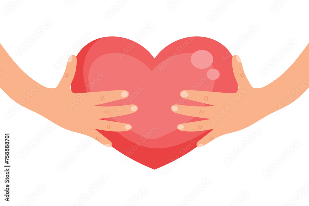 Cartoon hands holding heart. Symbolizing love, care and charity. Vector illustration