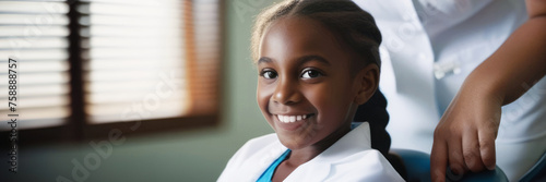 Banner with little black girl in doctor's chair looking happy with treatment, on blurred background with space for text. Pediatrics, routine checkup, no fear of treatment and pain