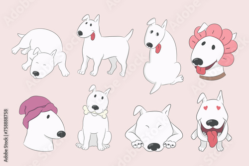 Cartoon dog set with a funny bull terrier. Funny dog character. Hand drawn vector illustration