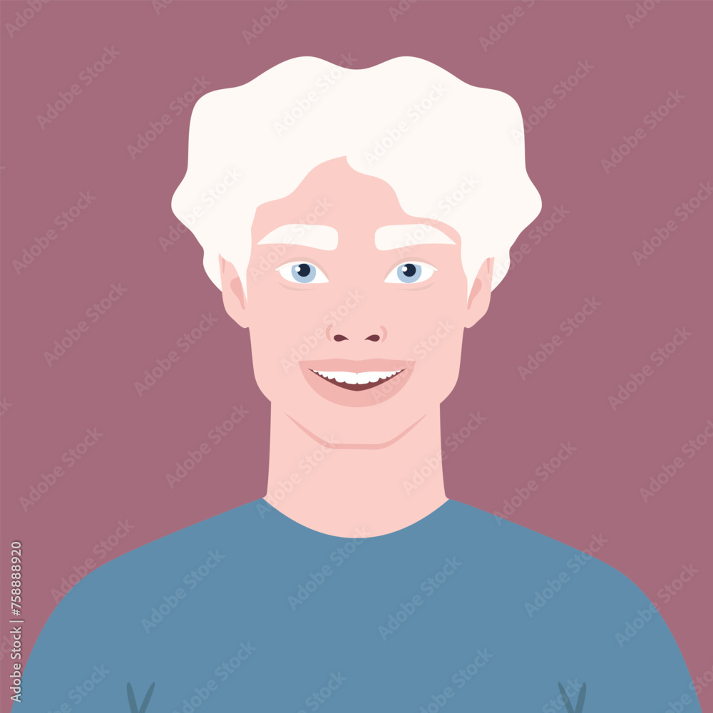 Beautiful happy Albino man portrait. Avatar of a young African male with albinism. Genetic rare appearance. Vector illustration Beautiful happy Albino man portrait. Avatar of a young African male with albinism. Genetic rare appearance. Vector illustration
